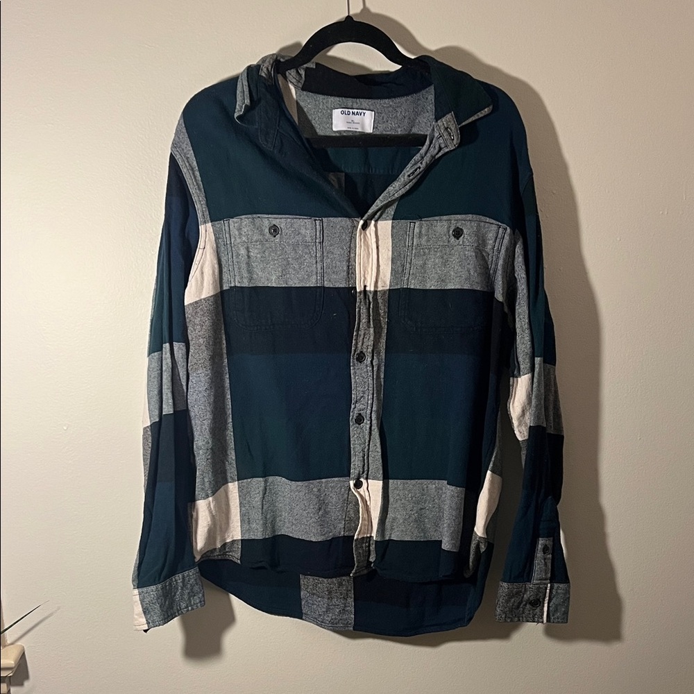 Old Navy Men's Navy, Cream & Blue Button-Down Shirt